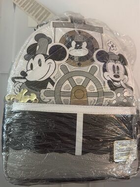 Loungefly Mickey & Minnie Nautical Kids Backpack - Black, White & Gold